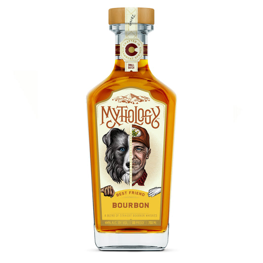 A bottle of Mythology Bourbon Bourbon whiskey with a detailed front label showing a split illustration of a black dog and a man, on a clean white background.