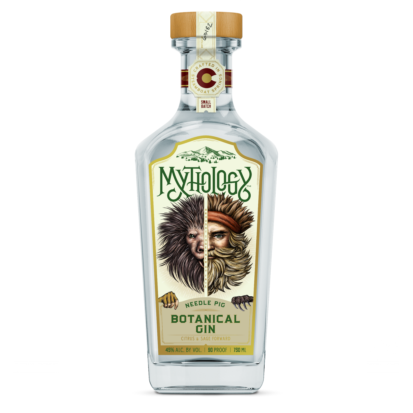 A bottle of Mythology Needle Pig Botanical Gin on a plain white background. The clear glass bottle features a detailed label with an illustration split down the middle, showing a wild man's face on one side and a porcupine on the other.