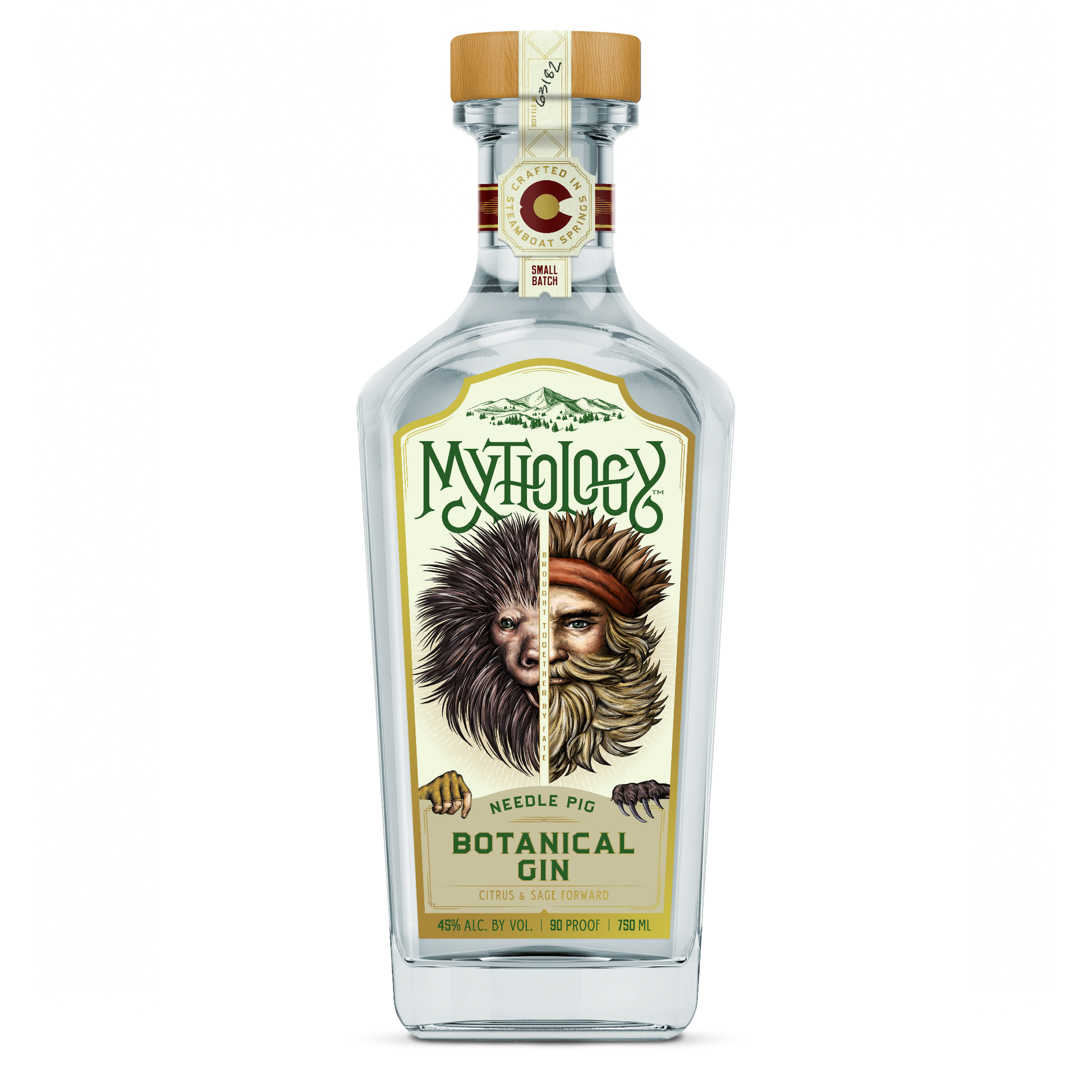 A bottle of Mythology Needle Pig Botanical Gin on a plain white background. The clear glass bottle features a detailed label with an illustration split down the middle, showing a wild man's face on one side and a porcupine on the other.