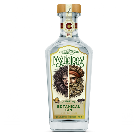 A bottle of Mythology Needle Pig Botanical Gin on a plain white background. The clear glass bottle features a detailed label with an illustration split down the middle, showing a wild man's face on one side and a porcupine on the other.